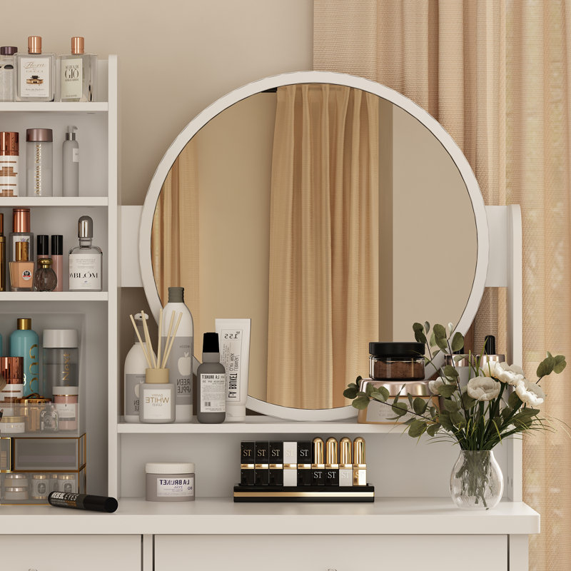 Ensemble de coiffeuse 5 tiroirs avec miroir sur pied et tabouret , Blanc