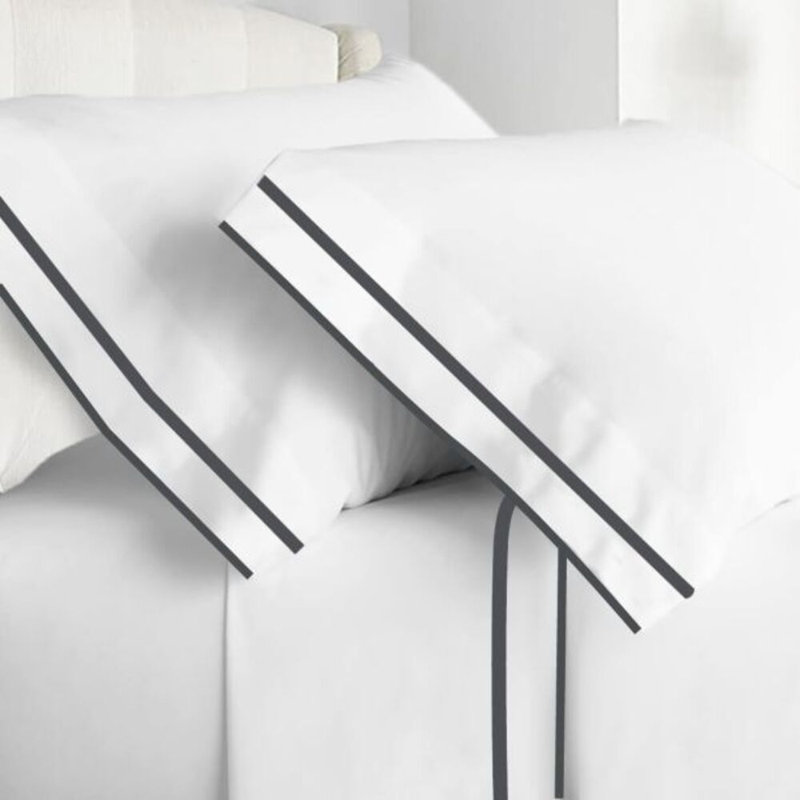 400TC Embroidery & Border Cotton 4 Piece Sheet Set Fitted Sheet Fits Upto 16" Deep Pocket, Dark Grey