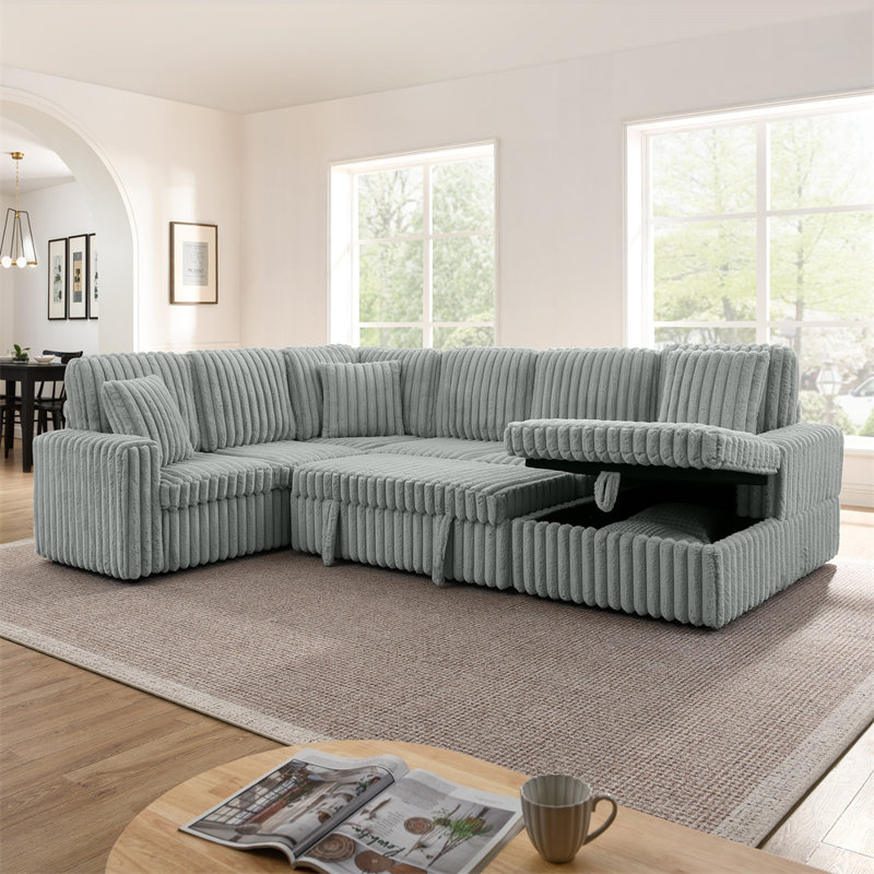114" U-Shaped Sectional with Storage, Gray Corduroy