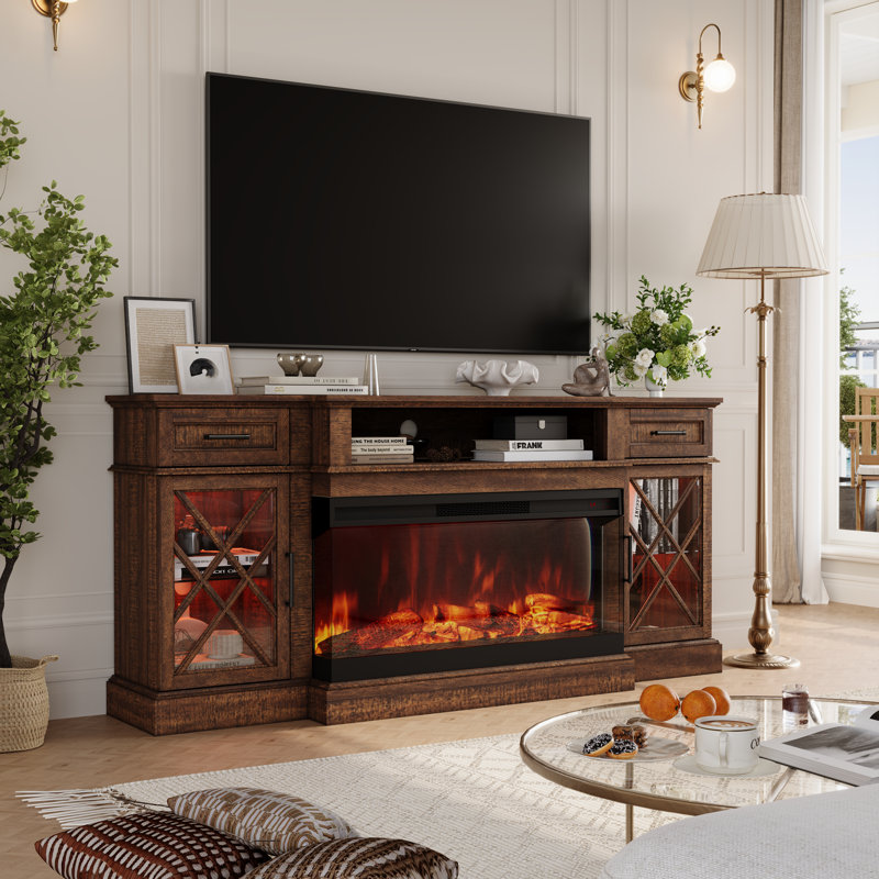 70''W Farmhouse Fireplace TV Stand for TVs up to 80", Electric Fireplace Included, Brown
