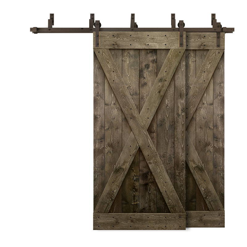 Porte de grange double à panneaux en bois teinté à panneau avec ensemble de quincaillerie coulissante, 60 po x 84 po