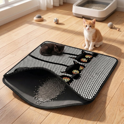 Whimsical Black and Orange Peeking Cats Honeycomb Texture Cat Litter Mat (17.7'' W x 23.6'' L x 0.3'' H)