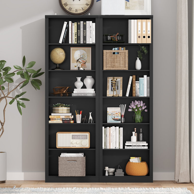 Bibliothèque à 6 niveaux avec tablettes fixes et rangement robuste de 75 po de hauteur, Noir