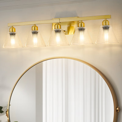 Brushed Gold Bathroom Vanity Light, 4-Light / 5-Light Options, Tapered Ribbed Clear Glass Shades, E26 Base Wall Mount Mirror Light for Bathroom Powder Room