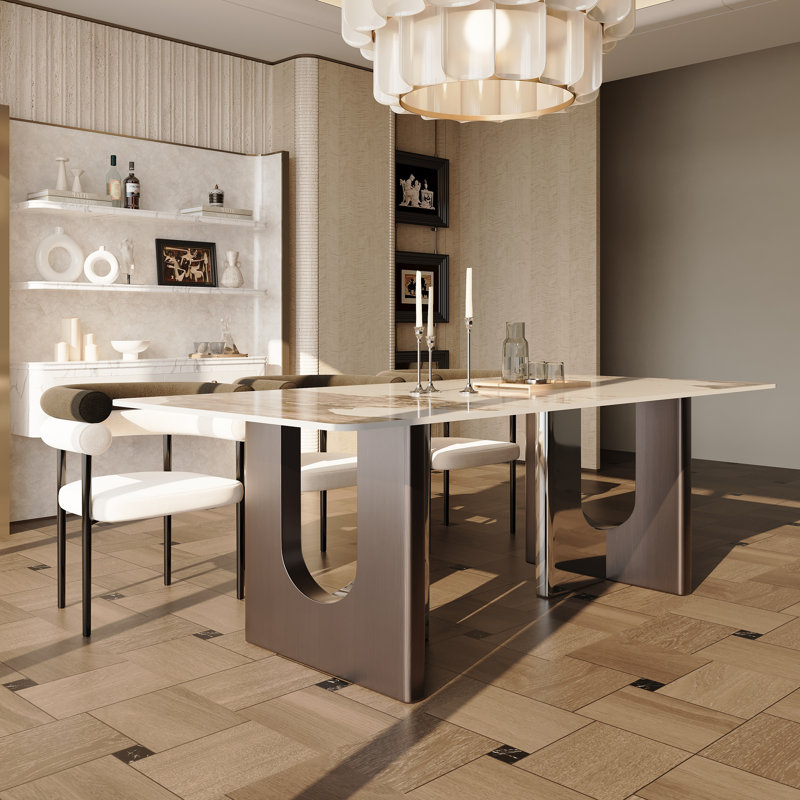 Ensemble de salle à manger moderne en pierre frittée avec 8 fauteuils rembourrés bouclés, pour 8 personnes, Noir