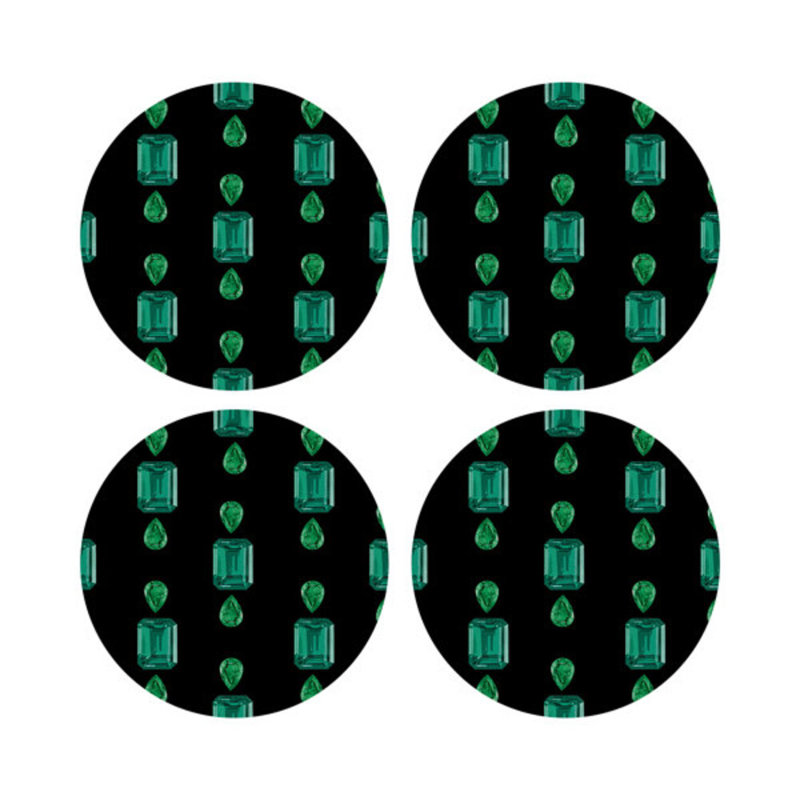 Vegan Leather Round Placemats, Black, Emeralds