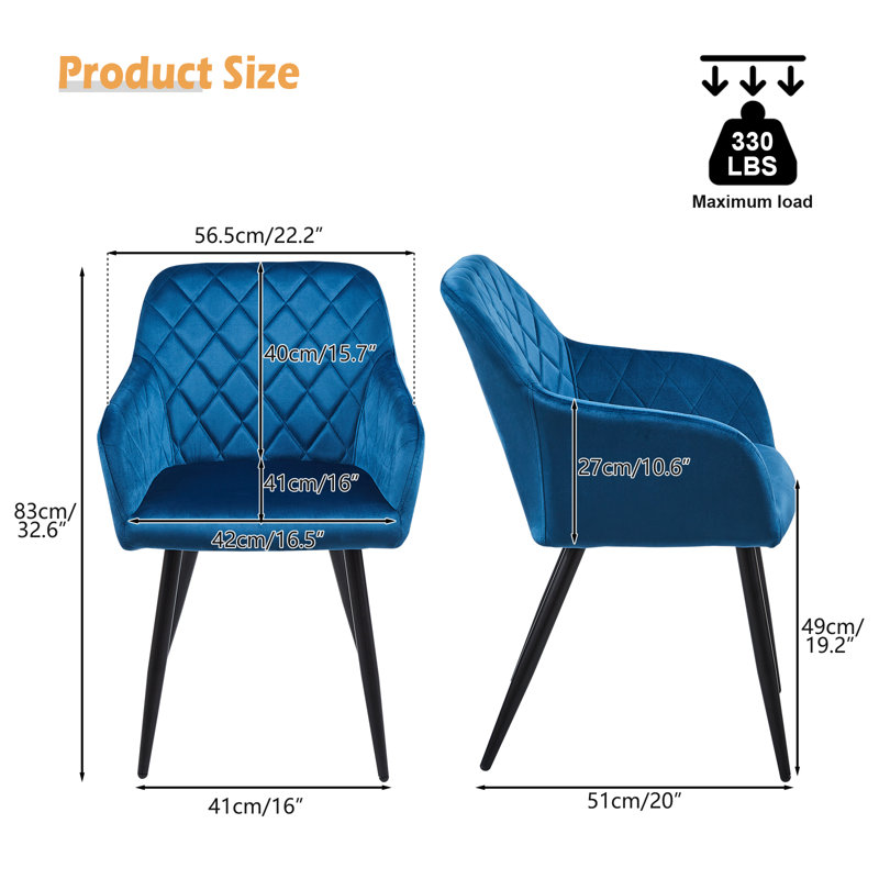 2 X Dining Chairs, Velvet Upholstered Seat Kitchen Chairs With Armrests, Black, Blue