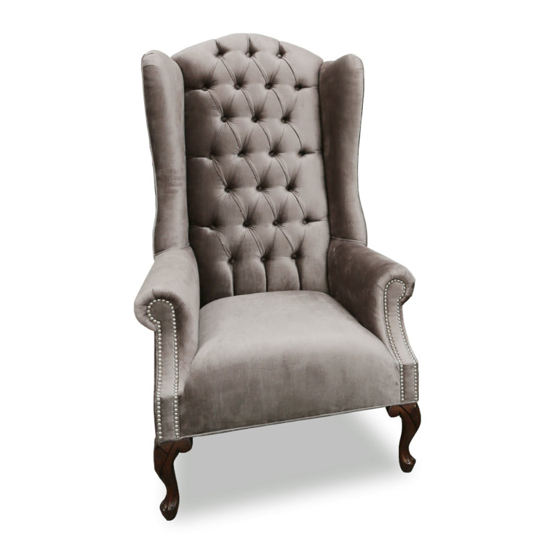 Wingback Chair, Gray Polyester Blend/Velvet, Dark Walnut