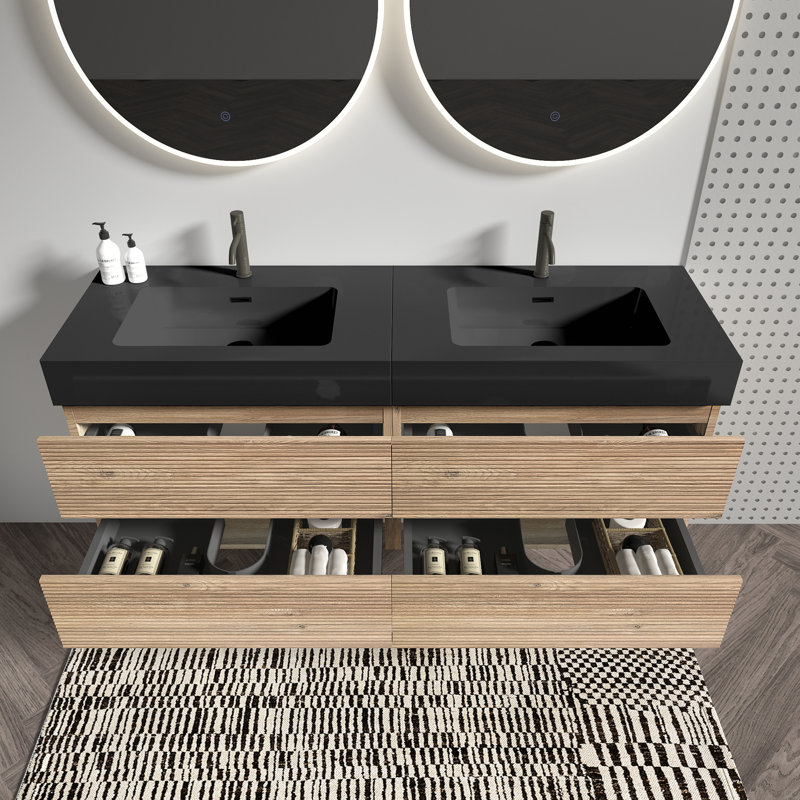 Meuble-lavabo 48 po avec lavabo à quartz et tiroirs noirs doux, meuble-lavabo mural flottant, Chêne foncé, 60"