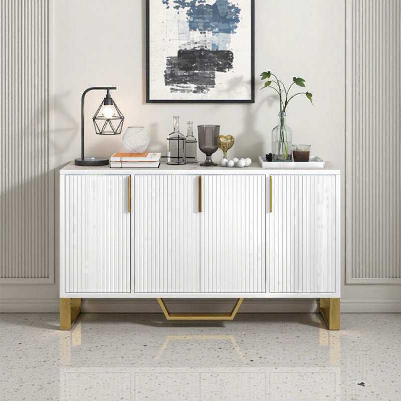 Modern White 4-Door Sideboard Kitchen Cabinet with Metal Handles & Gold Legs, Adjustable Shelves, White