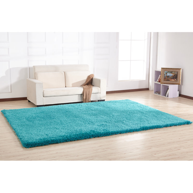 Tapis turquoise à poils longs touffeté à la main Huya, Rectangle 5 pi x 7 pi