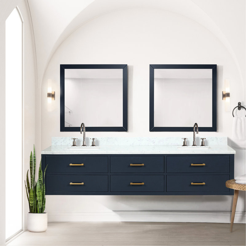84 po L x P 22 po Meuble-lavabo bleu avec comptoir en marbre, robinet, comptoir en bois massif à fermeture en douceur 84 po 22 po, robinet, contreplaqué