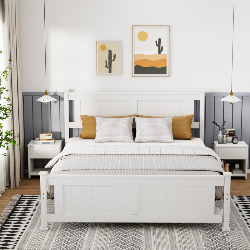 Lit en bois avec tête de lit, Blanc, Grand lit