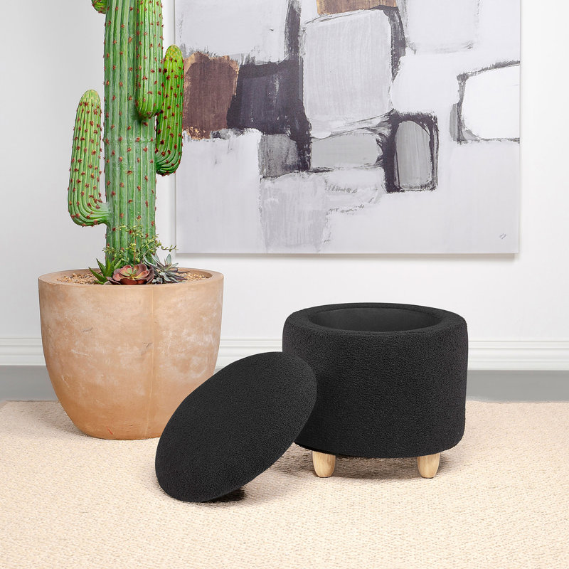 Repose-pieds rond avec rangement en peau de mouton, Noir