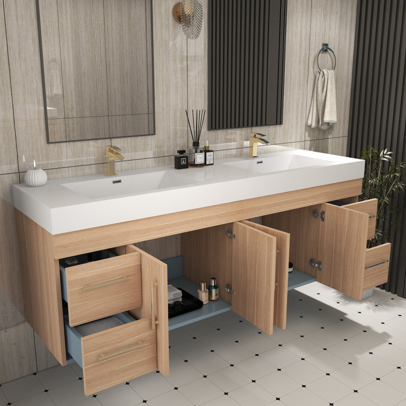 70.8" Wall-Mounted Double Bathroom Vanity Set, Champagne Oak