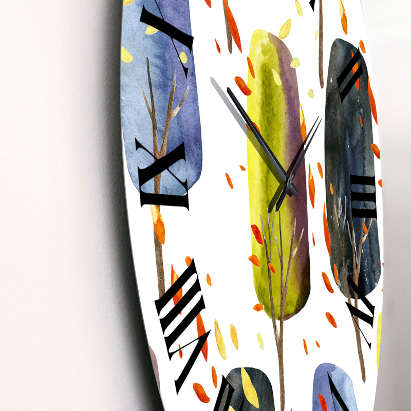 Horloge murale rétro à motif d'arbres d'automne avec feuilles tombantes I, Grand