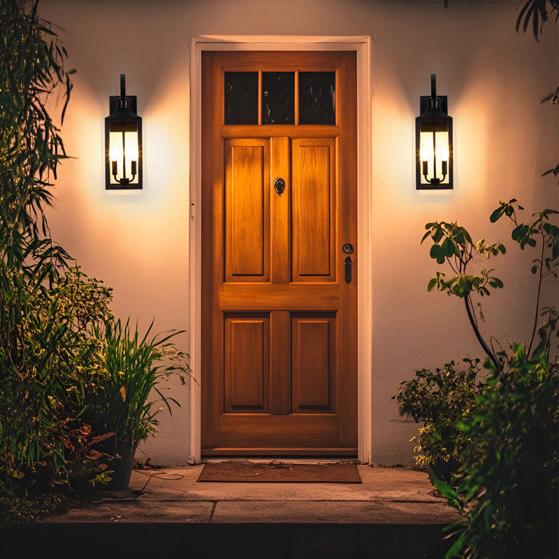 19 in. 2-Light Outdoor Wall Lantern with Dusk to Dawn and Motion Sensor, Black