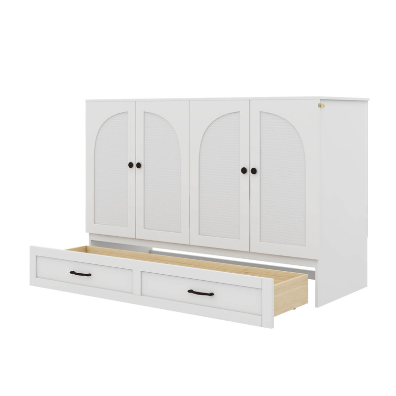 Lit escamotable fonctionnel avec tiroir de rangement encastré, Lit double, Blanc