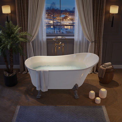  67 Inch Acrylic Clawfoot Bathtub Freestanding Deep Soaking Slipper Tub&Non-Slip Base, Chrome Drainer&Tiger Feet, Integrated Drain&Overflow