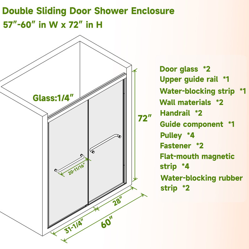 57–60 in W x 72 in H Modern Double Sliding Shower Door,  1/4 in (6mm) Tempered Glass, Chrome Aluminum Frame, Chrome