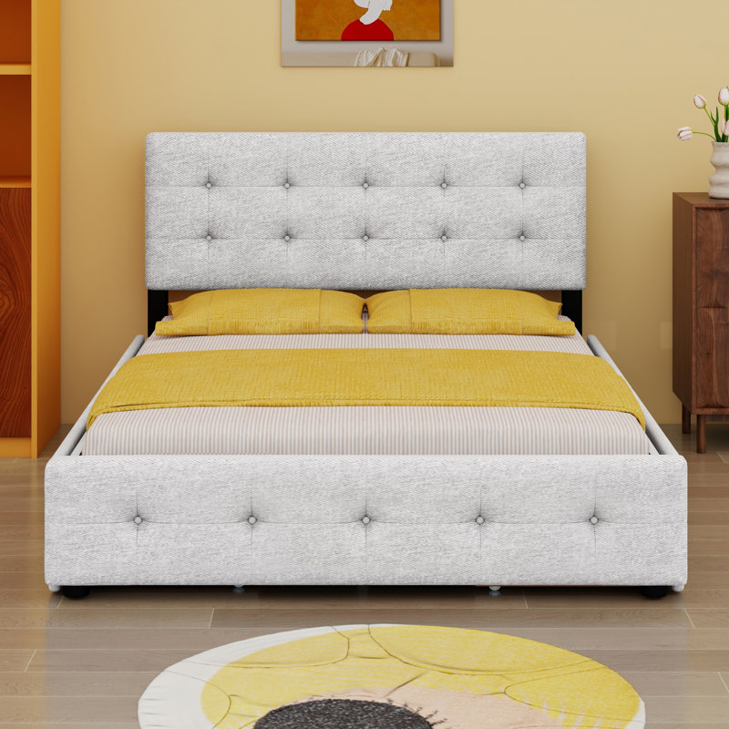 Upholstered Platform Bed With Classic Headboard And 4 Drawers, Beige