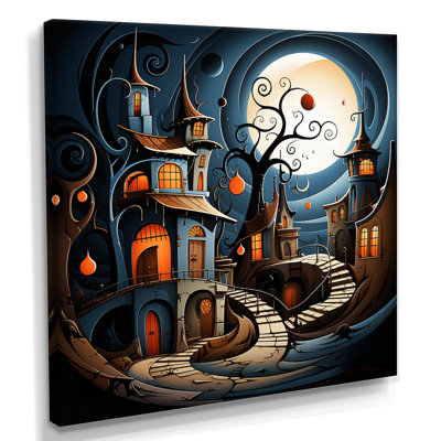 Playful Fantasy Town Magical Full Moon - Landscape Wall Art Living Room