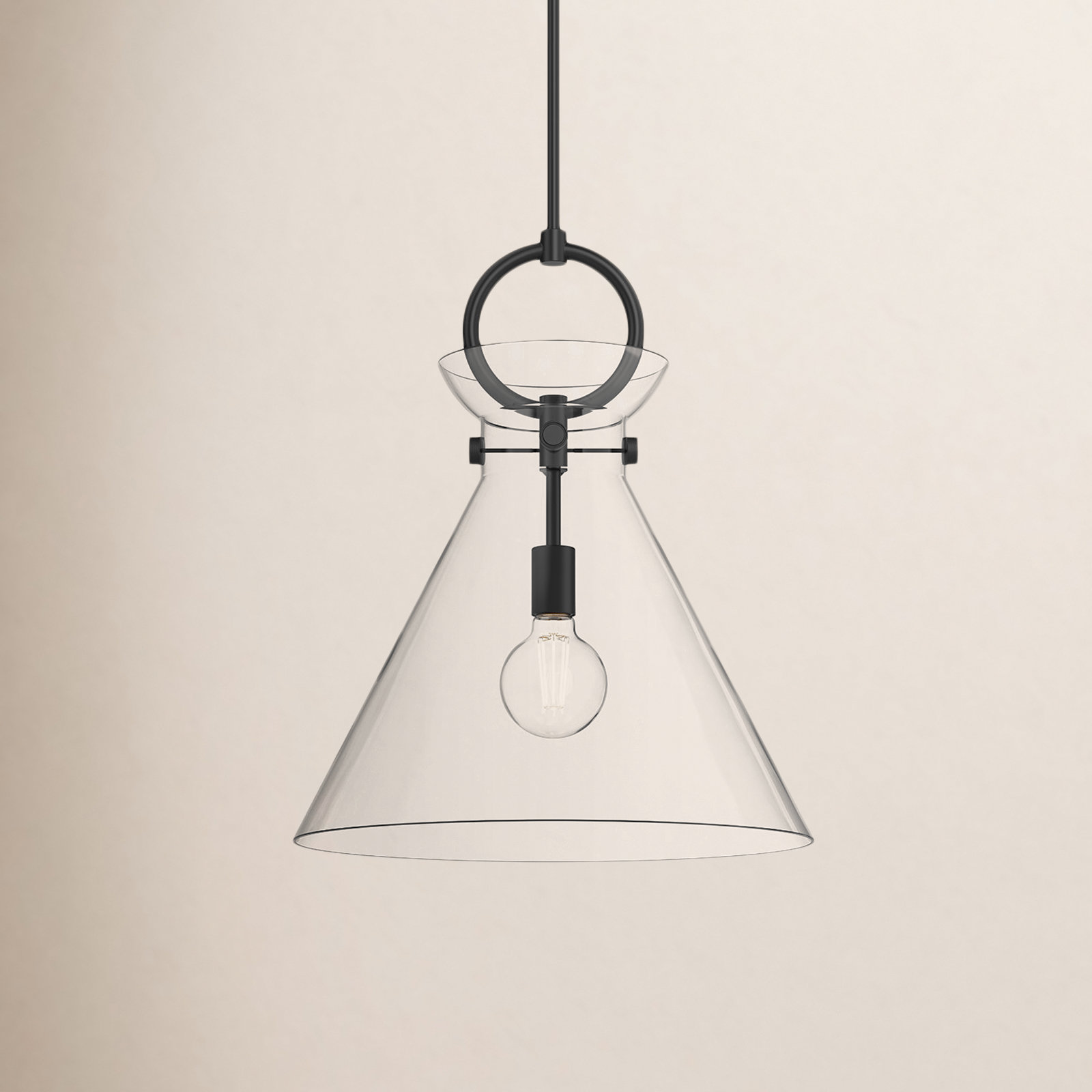 Tiney Single Light Glass Steel Pendant, Matte Black/Clear, 21.75" H x 18" W x 18" D