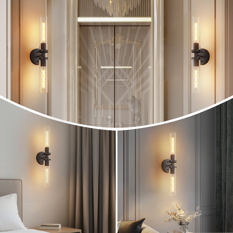 Matte Black Wall Sconces with Clear Glass (Set of 2), Matte Black