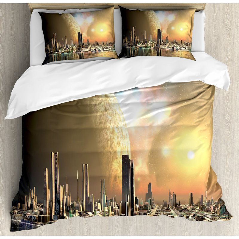 Queen Yellow Peach Cityscape Duvet Cover Set with Pillow Shams