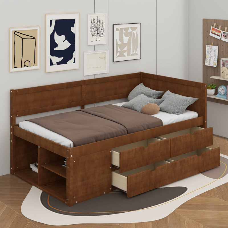 Lit de jour avec tiroirs et tablettes, Noyer, Lit simple