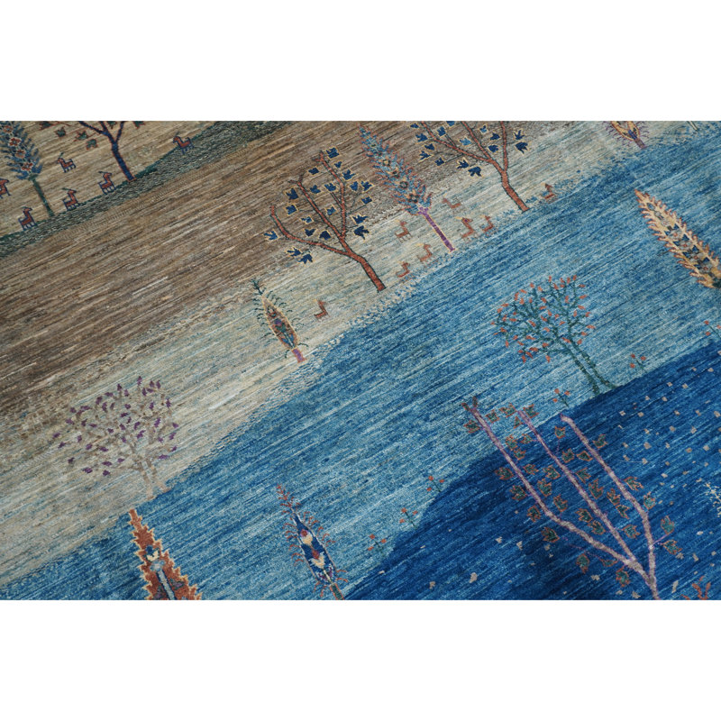 Tapis bleu et multicolore de haute qualité noué à la main
