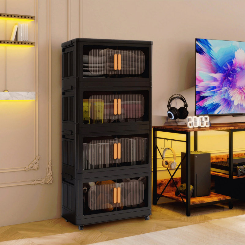 Armoire de rangement pliante en plastique de 20 po de large avec bacs - Porte magnétique pliante avec roulettes