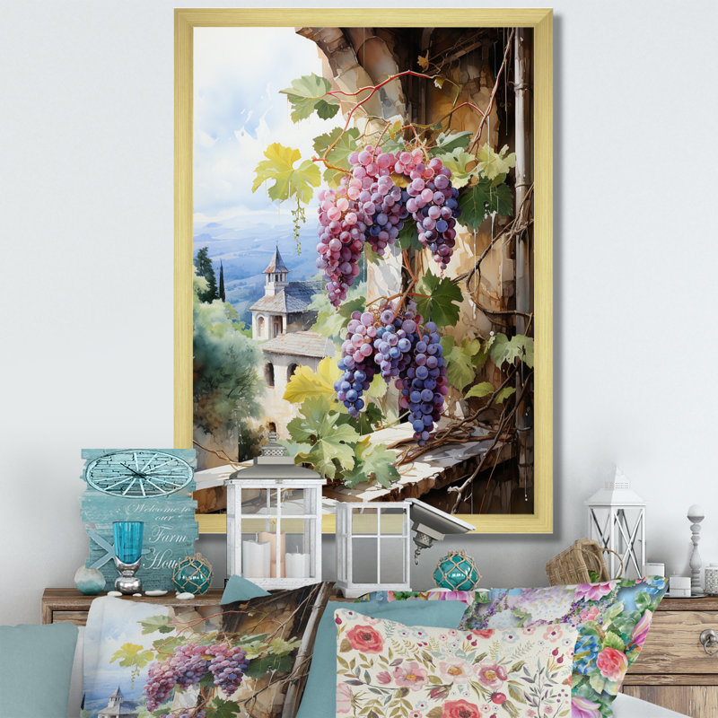 «Purple Green Grapes Vineyard», reproduction d'art sur toile, H 40 po x l 30 po x P 1,5 po, Encadrement doré