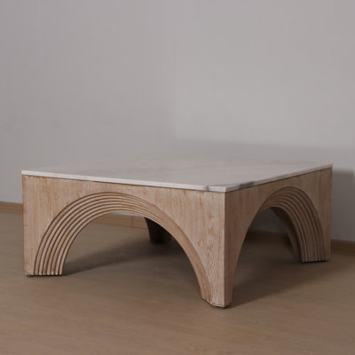 Jacquese 36" Square Coffee Table with White Marble Top and Light Oak Architectural Wood Base – Modern Living Room Accent