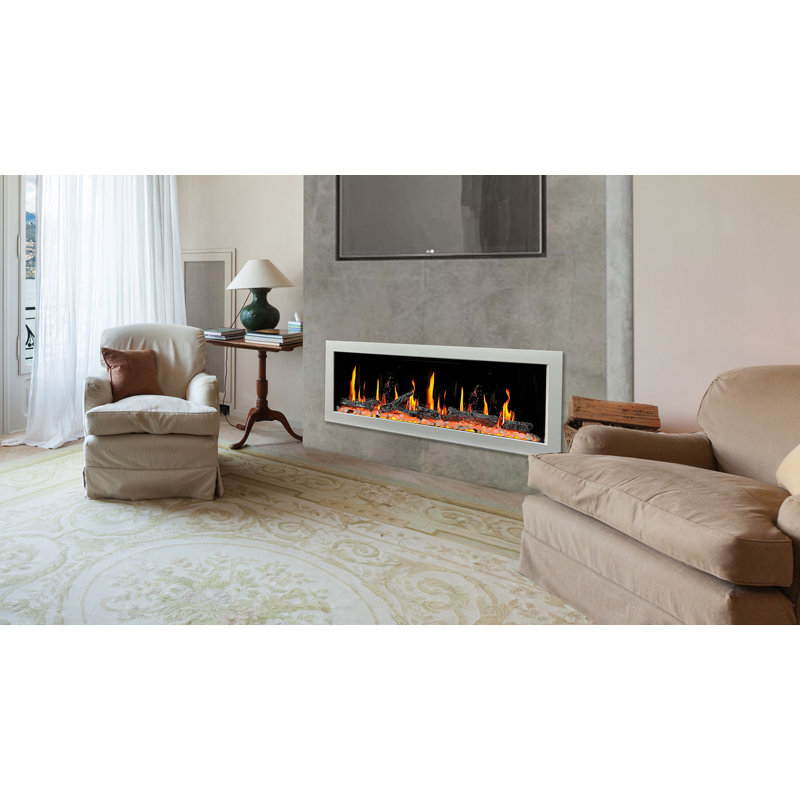 Foyer électrique intelligent 58 "ZEF58V de Latitude Liedeer Homes | Cadre blanc ultra-mince fixé au mur et encastré | HD multi-flammes, bûches respirantes, contrôle des applications