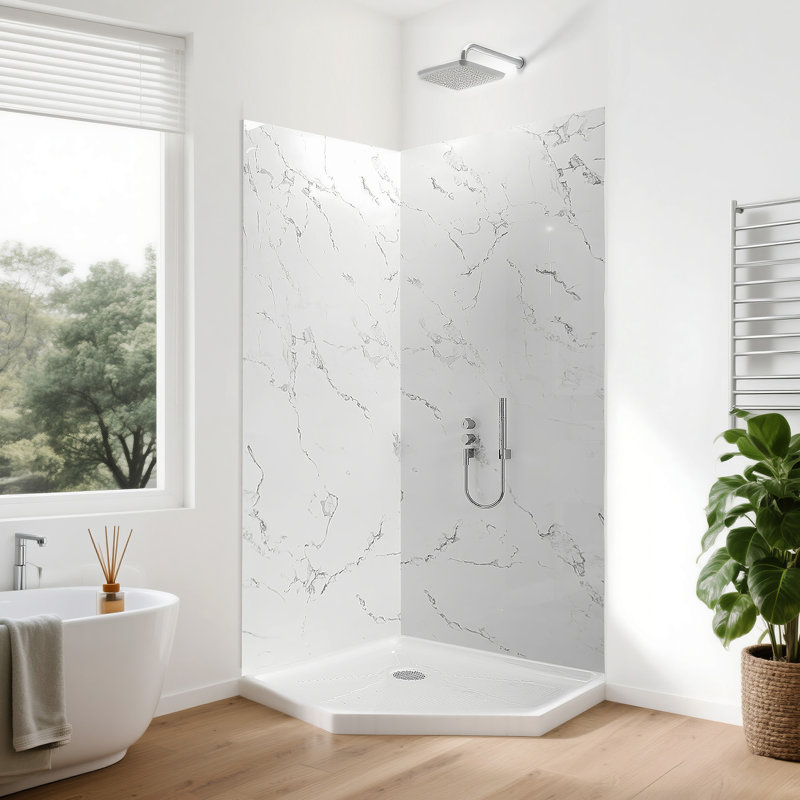 Ensemble de 3 panneaux muraux de douche 60 po x P 36 po x H 80 po, acrylique collé avec 4 garnitures, panneaux muraux imperméables et réglables pour douche à l'italienne, blanc marbre