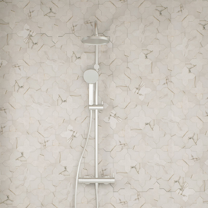 Istanbul Squire Shield With Cross 6 In. X 8-3/8 In. Porcelain Floor And Wall Tile Kit, White/Gray