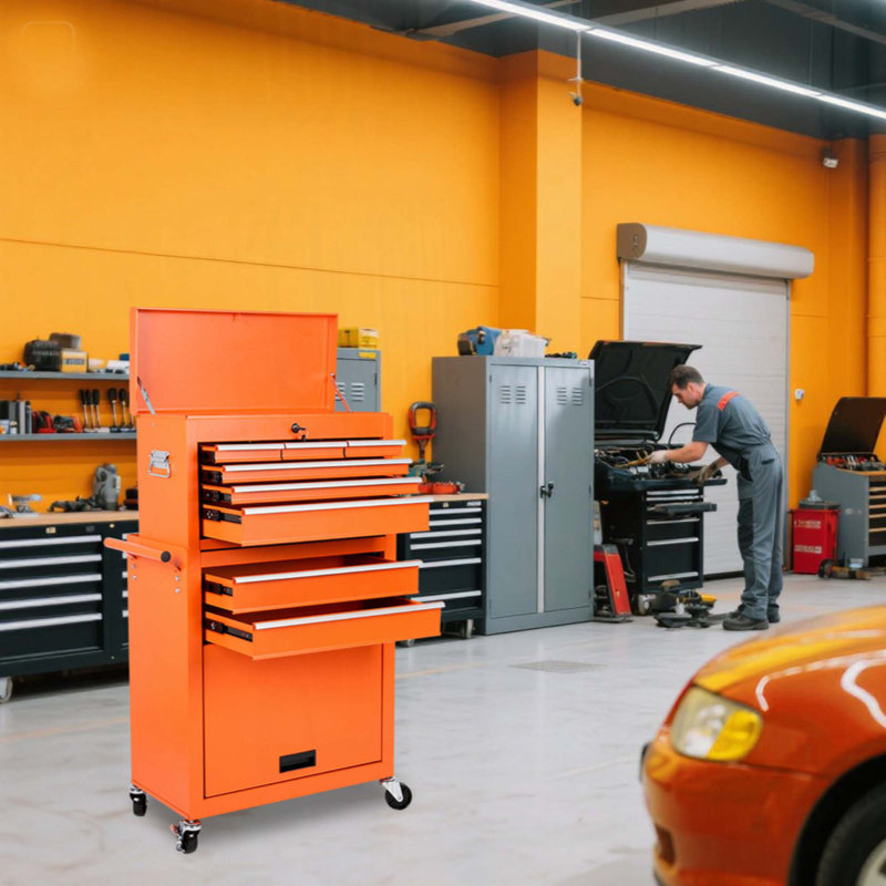 Coffre à outils, armoire de rangement à outils à 8 tiroirs avec coffre à outils amovible 2 en 1, doublure, roues verrouillables, crochets latéraux, chariot à outils en métal pour le garage