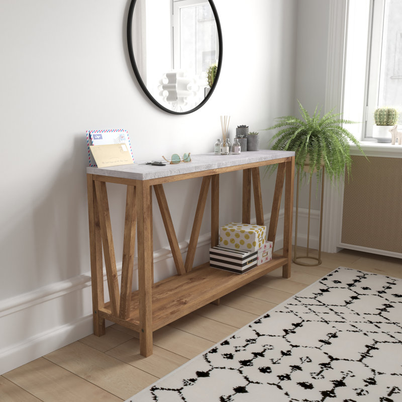 Modern 2-Tier Farmhouse Entryway Living Room Console Accent Table, Concrete Top/Warm Oak Base
