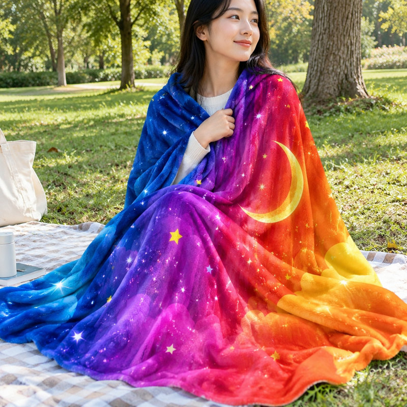 Cozy Starry Night Moon Blanket, Vibrant Gradient Galaxy Plush Throw for Sofa, Couch, Bedroom, Living Room Home Decoration
