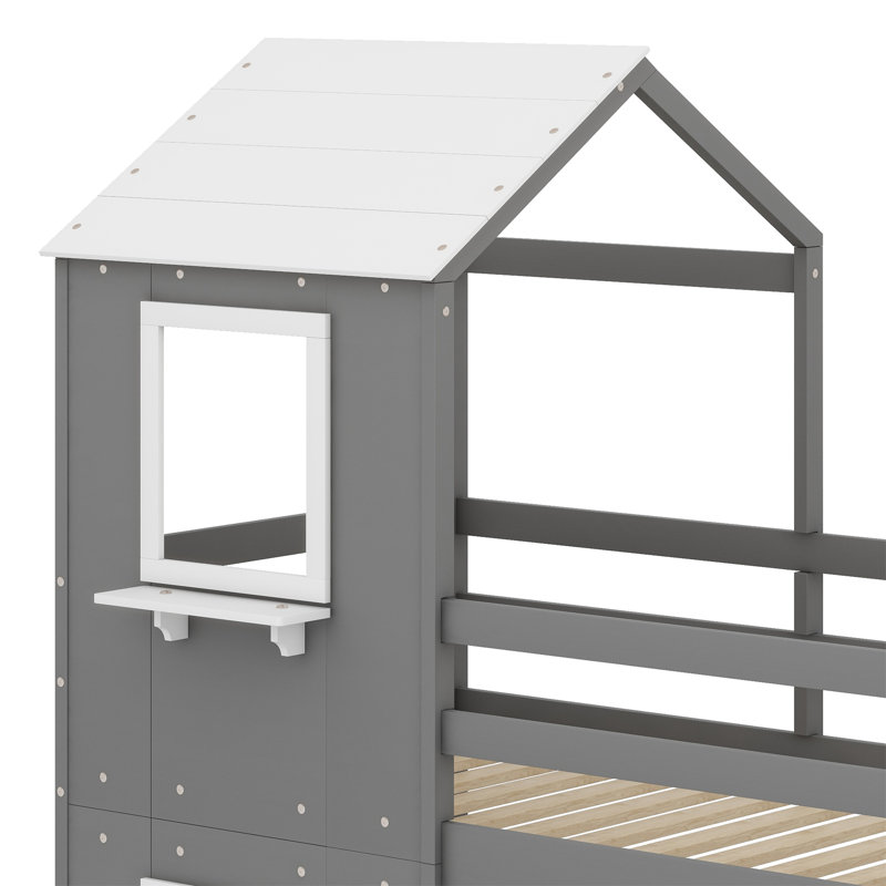 Bunk Bed With Roof, Window, Guardrail, Ladder, Gray