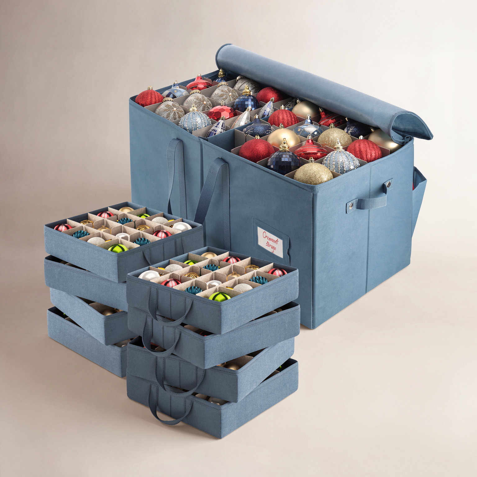 Fabric Ornament Storage Box with Dividers, 13" H x 26" W x 13" D