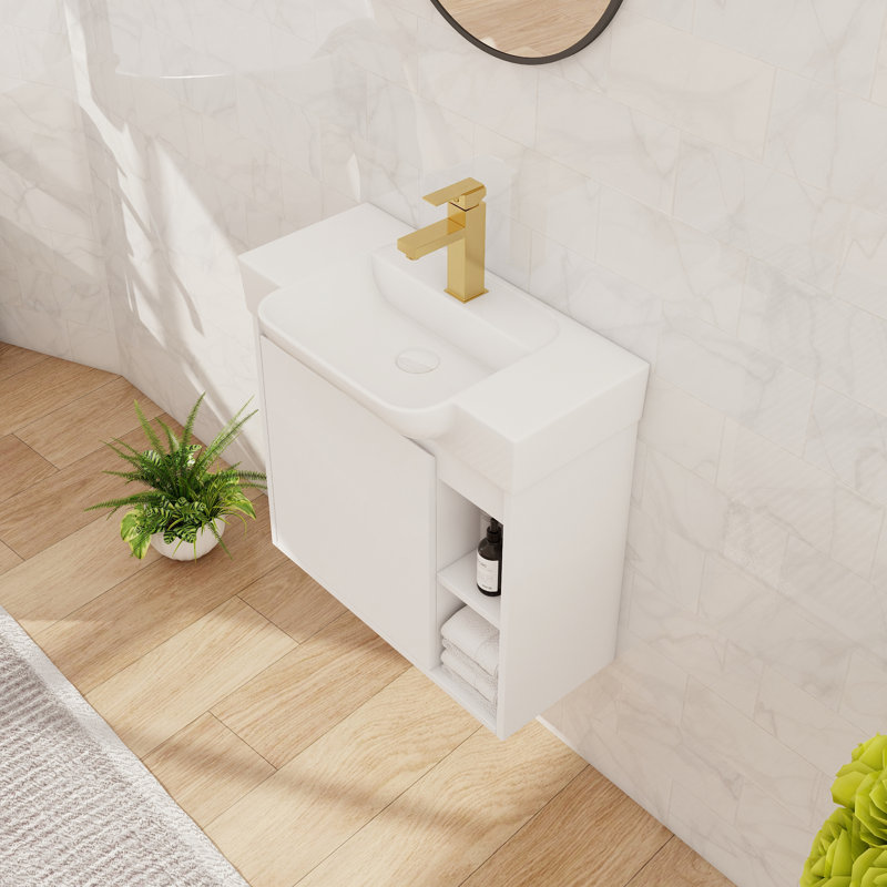 Ensemble de meuble-lavabo 24 po, meuble-lavabo mural simple avec comptoir de lavabo en céramique, meuble-lavabo flottant avec 1 porte et tablette