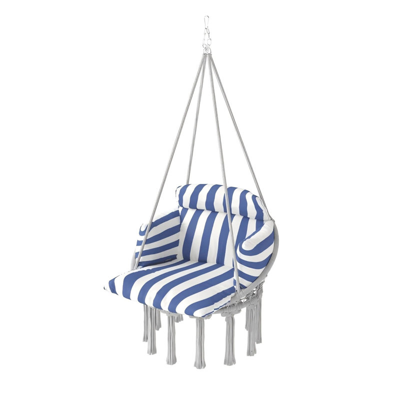 Chaise hamac suspendue avec coussin pour l'intérieur et l'extérieur, Naturel, Bleu / blanc
