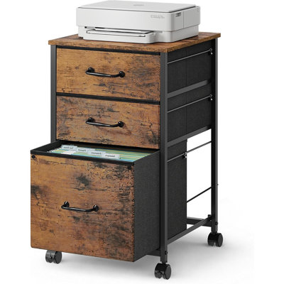 Classeur mobile 3 tiroirs avec support pour imprimante à roulettes, rangement de bureau, brun rustique