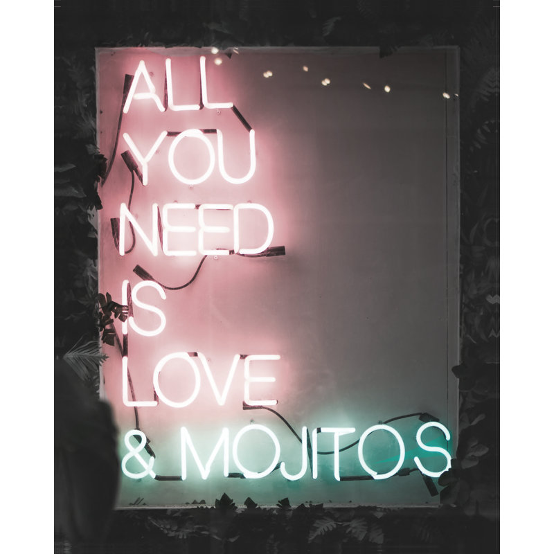 All You Need Is Love and Mojitios - Textual Art Print, 46cm H x 30cm W, Black Floater Framed