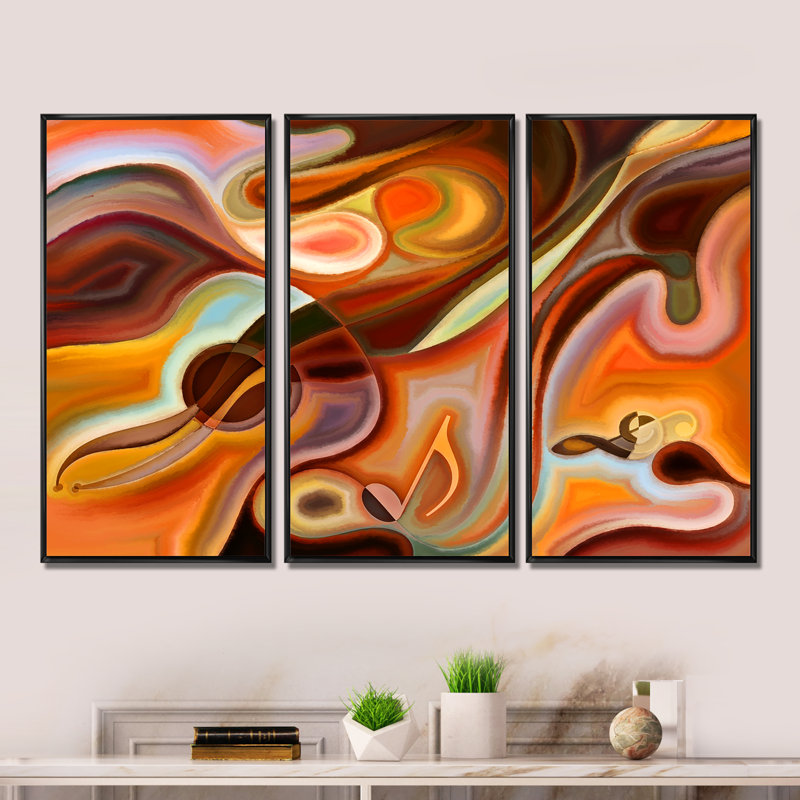 Music Dreams - Ensemble de 3 reproductions d'art encadrées sur toile abstraites, H 28 po x l 36 po x P 1 po, Noir