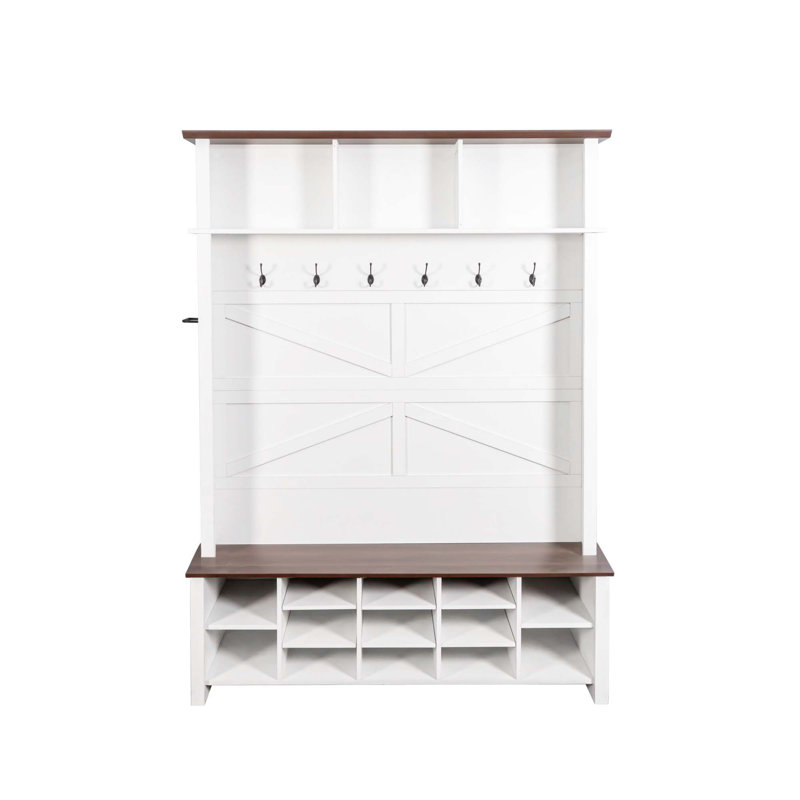 Hall Tree with 6 Hooks, Practical Walnut Entryway Bench with Adjustable Shelves, White