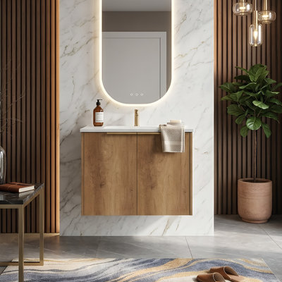 30" Wall-Mounted Bathroom Vanity With Integrated Ceramic Sink, MDF 3D Fluted Panel 2-Door Cabinet, Golden Oak