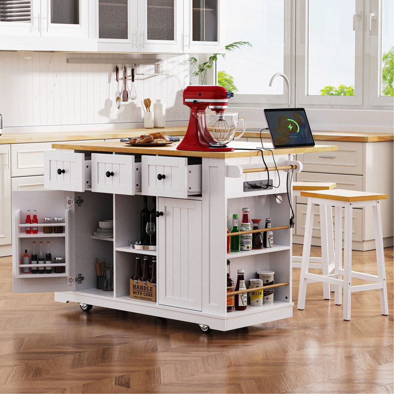 53Inch Large Kitchen Island With 2 Bar Stools, Power Outlet,Door Internal Storage Rack, Kitchen Storage Cart On 5 Wheels With Drop Leaf, 5 Open Side Racks, 3 Drawers, For Kitchen,Dining Room